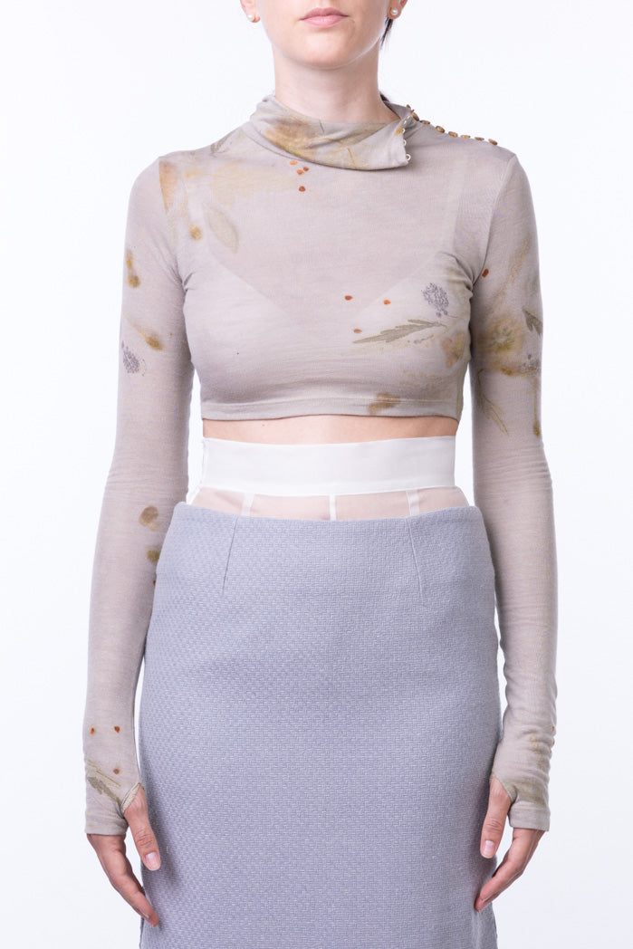 Maglia crop a maniche lunghe Ametea con tintura naturale ed ecoprint